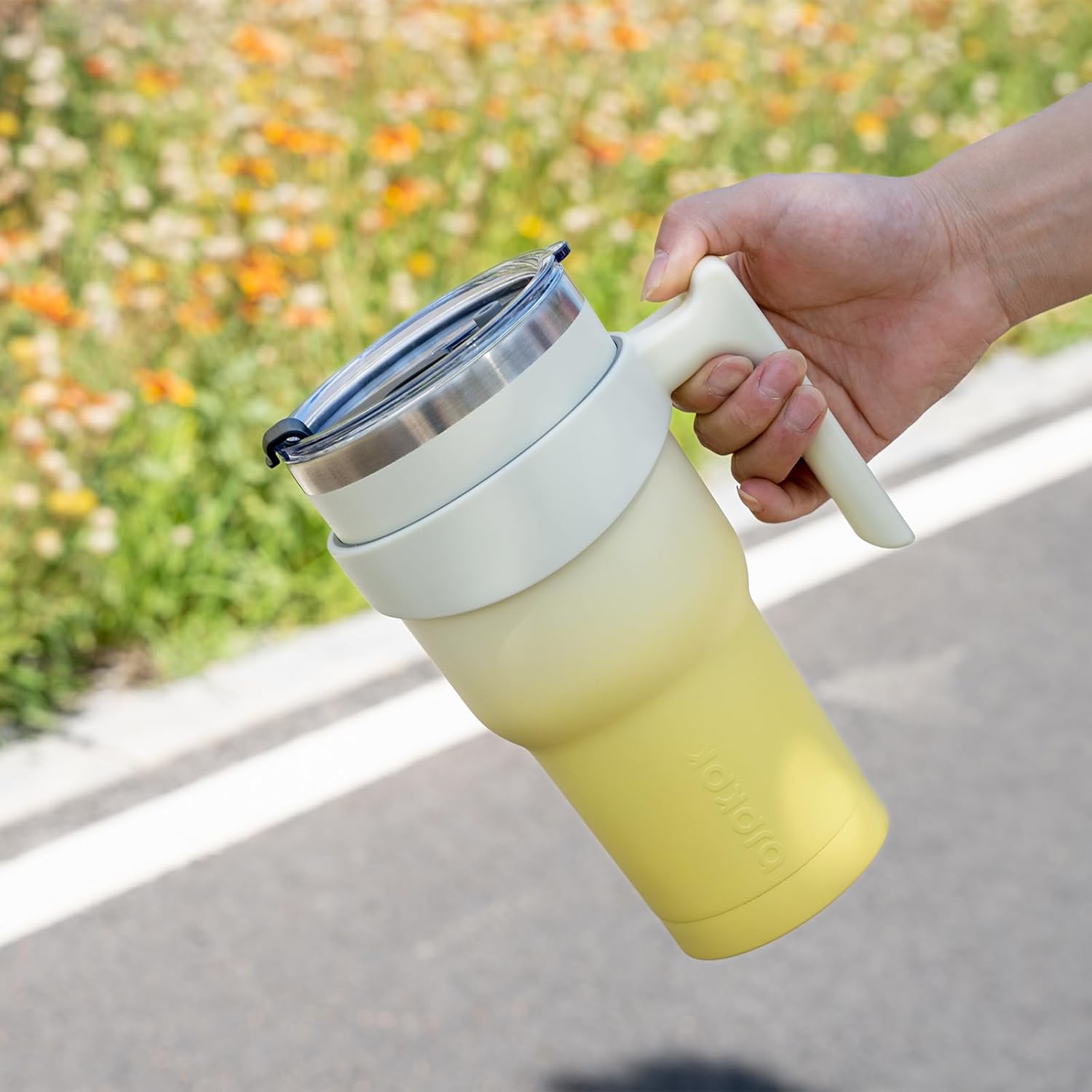 BJPKPK Vaso con asa y tapa para pajilla, vaso de café aislado de acero inoxidable de 20 onzas para el hogar, la oficina o el automóvil, limón