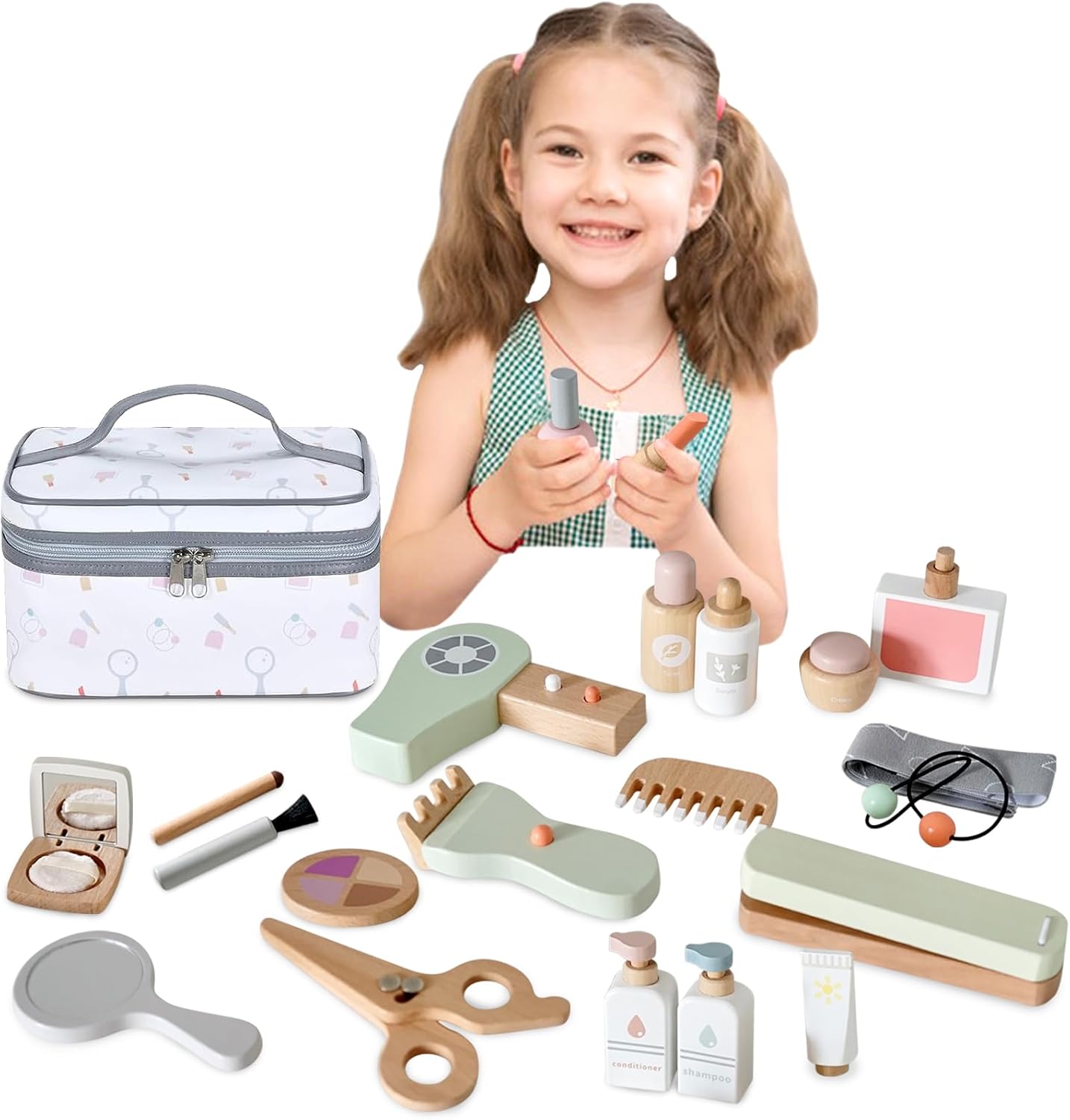 Juego de 22 juguetes de maquillaje de madera para niños pequeños, juguetes de salón de belleza de madera, kit de maquillaje de madera con accesorios