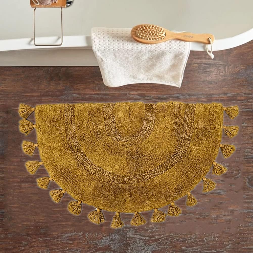 Alfombra de baño bohemia de medio círculo con borlas, 100 % algodón, tejida a mano, antideslizante, absorbente, con almohadilla para alfombra,