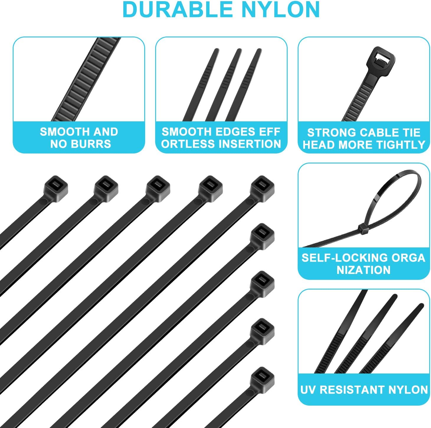 200 bridas de 8 pulgadas, color negro, bridas de alta resistencia, bridas de cable de 40 libras de resistencia, envolturas industriales de nailon