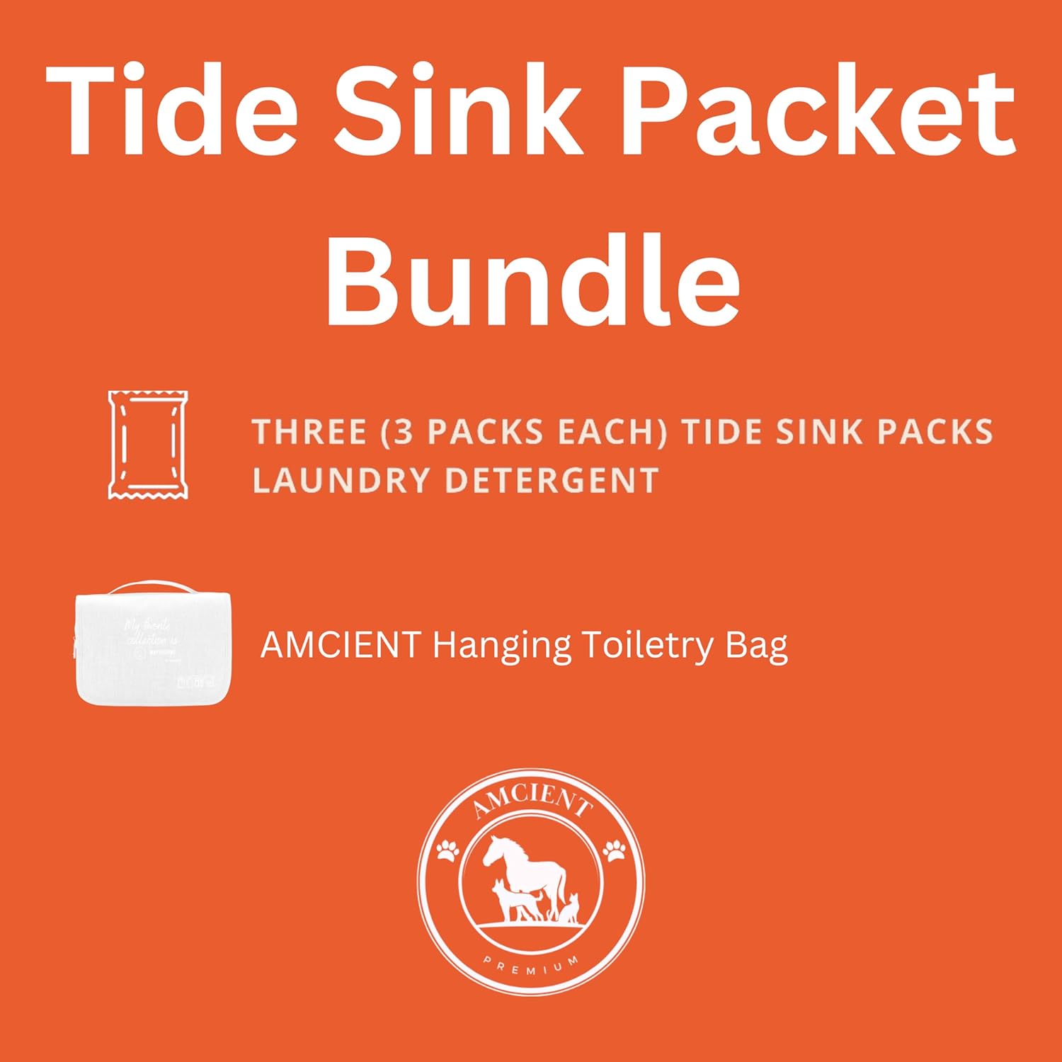 AMCIENT Tide Sink – Paquete de 3 paquetes de viaje (3 unidades cada uno) con bolsa de aseo colgante, kit de artículos esenciales de viaje 10 en 1,