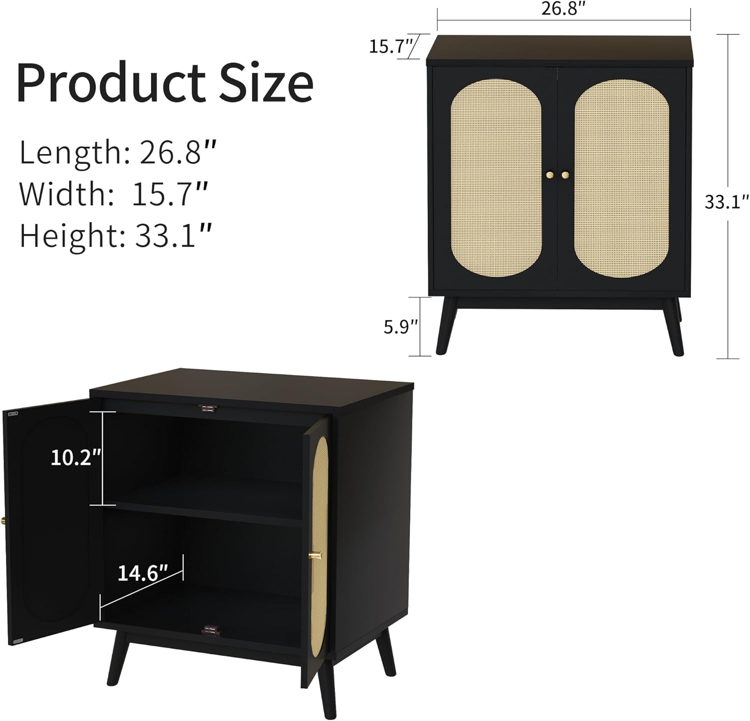 AWQM Armario buffet, armario de ratán natural con pies de madera maciza, armario de almacenamiento de cocina con 2 puertas, estantes ajustables,
