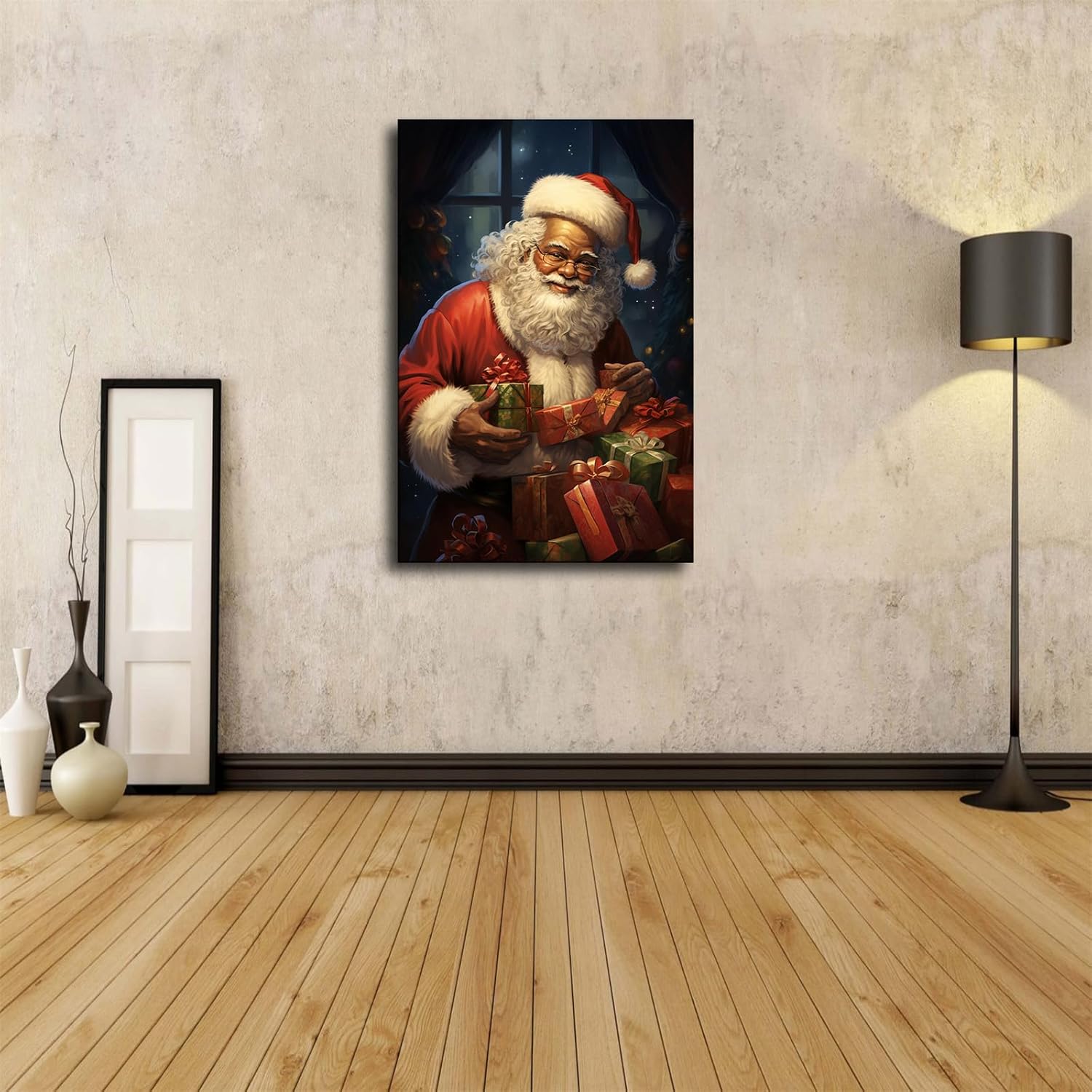 VesFy Póster de Papá Noel afroamericano de dibujos animados, pintura decorativa, regalo de vacaciones, imagen HD, estética moderna, mural, arte de