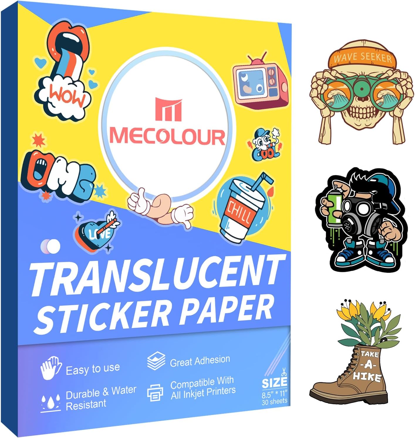 MECOLOUR Papel adhesivo de vinilo imprimible translúcido, impermeable, 8.5 x 11 pulgadas para impresora de inyección de tinta e impresora láser, 30