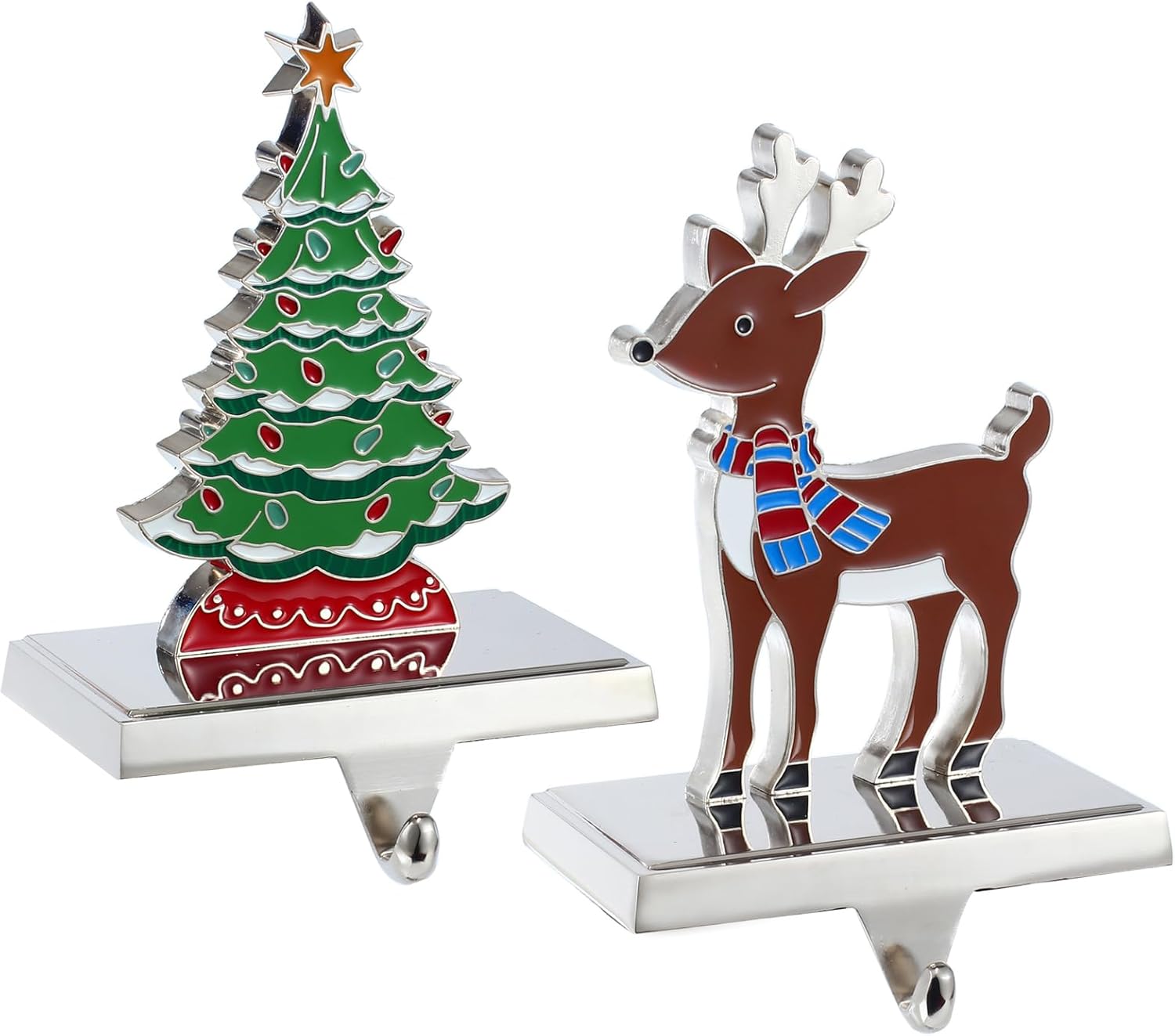 Juego de 2 ganchos de calcetines de Navidad de ciervos para mantel de Navidad, ganchos para chimenea, soporte de metal para calcetines de árbol de