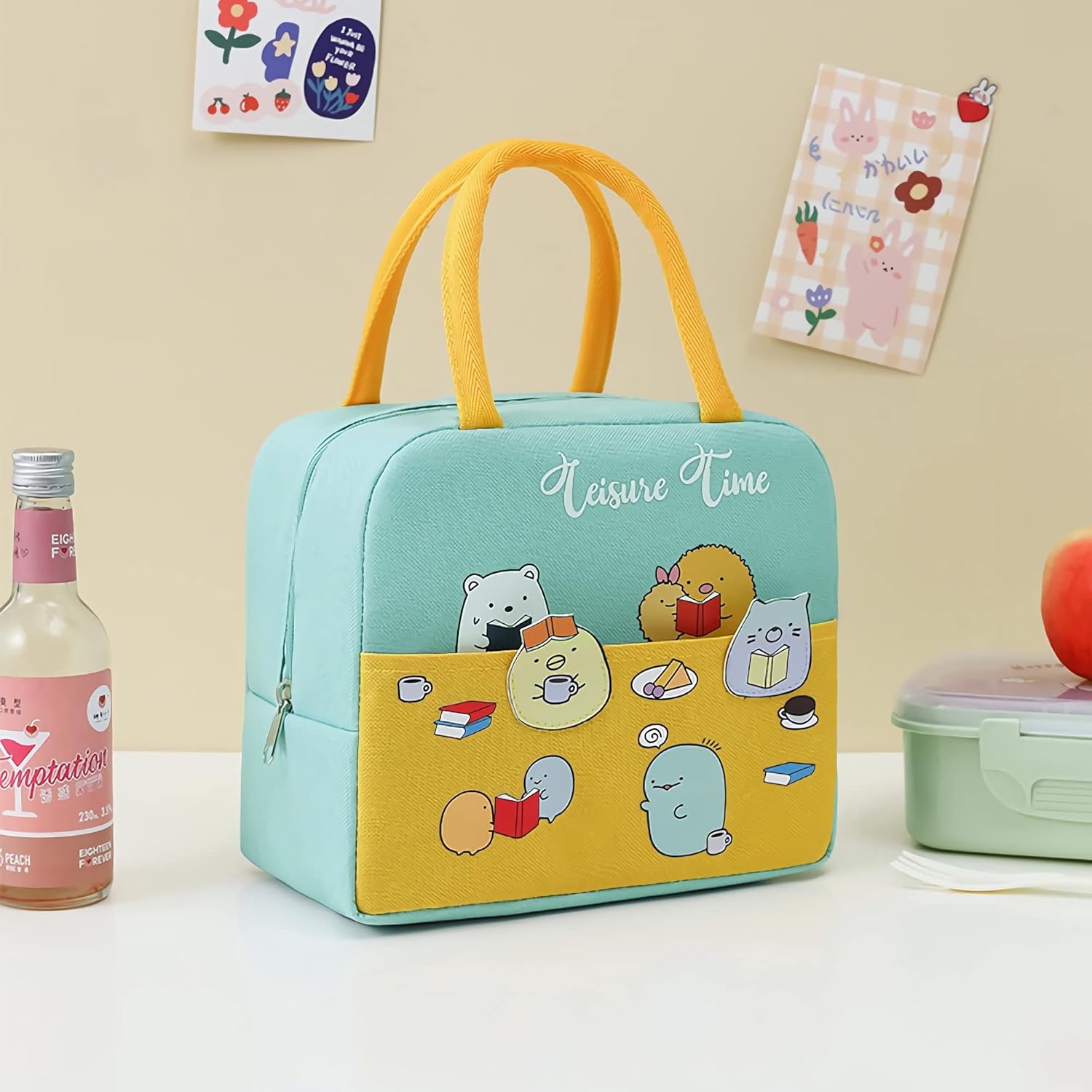 Lindos animales de dibujos animados bolsas de almuerzo para el tiempo libre para los niños reutilizable aislado caja de almuerzo femenino cuello