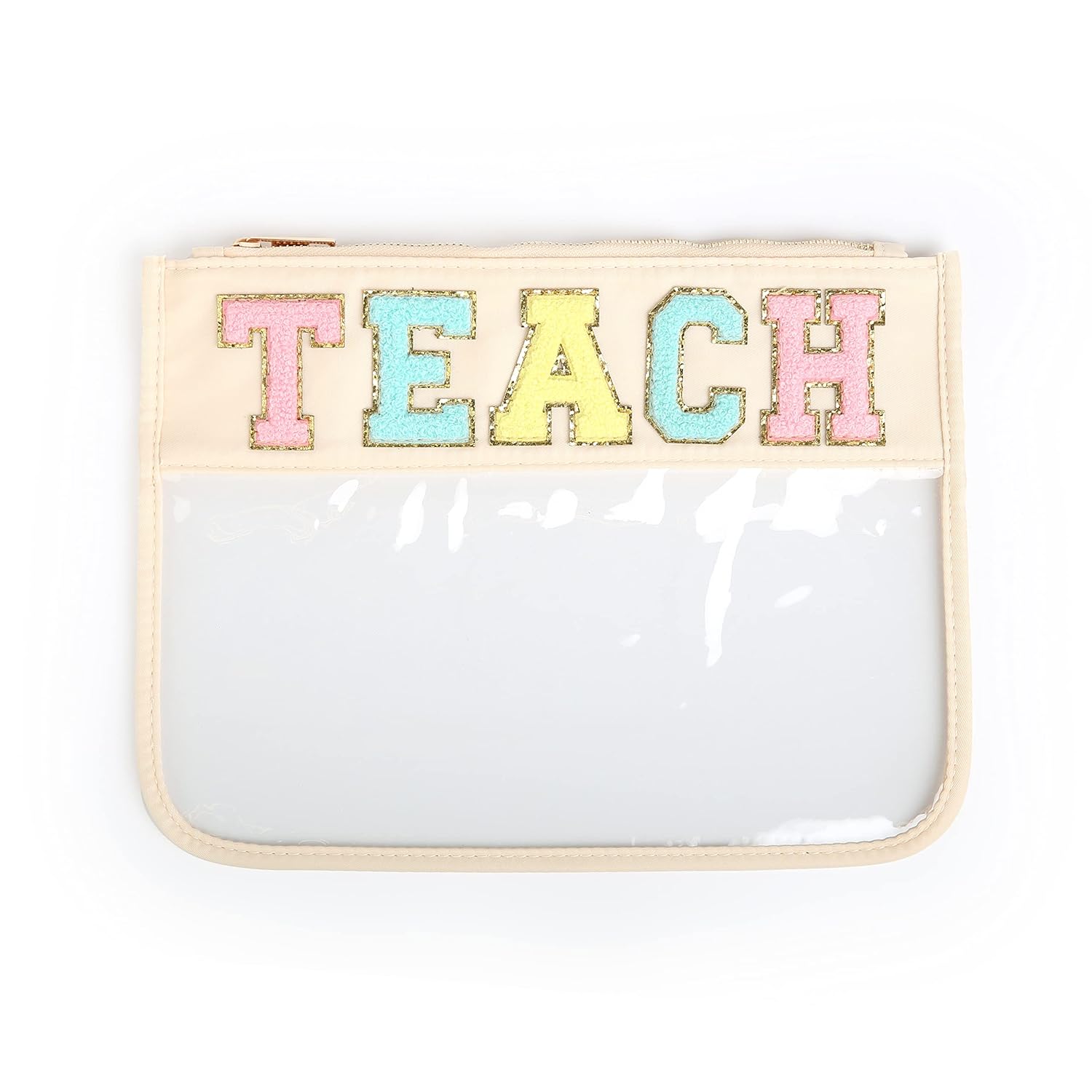 Varsity Letter Pouch Clear Zippered Bag with Chenille and Gold Patches Cream TEACH