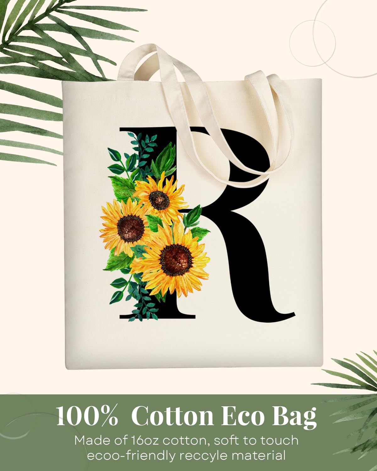AUSVKAI Bolsa de lona estética para mujer, lindas bolsas de girasol con iniciales de moda con asa para comestibles