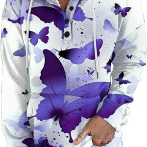 Sudadera con capucha para mujer, con estampado de mariposa, casual, con botones abiertos, estilo Henley, manga larga, con cordón, recortada Sudadera con capucha para mujer, con estampado de mariposa, casual, con botones abiertos, estilo Henley, manga larga, con cordón, recortada