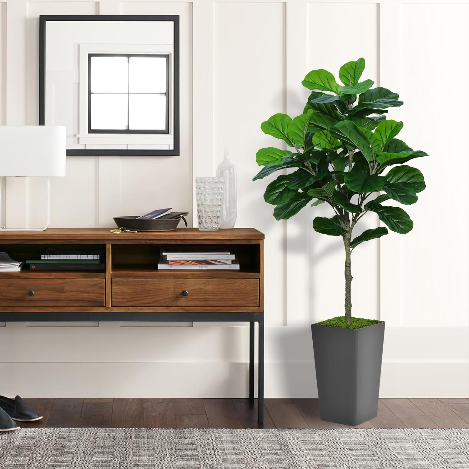 Árbol de higuera artificial de hoja de violín de 5 pies, árbol de higuera de hoja de violín sintético con maceta alta gris, planta falsa de ficus