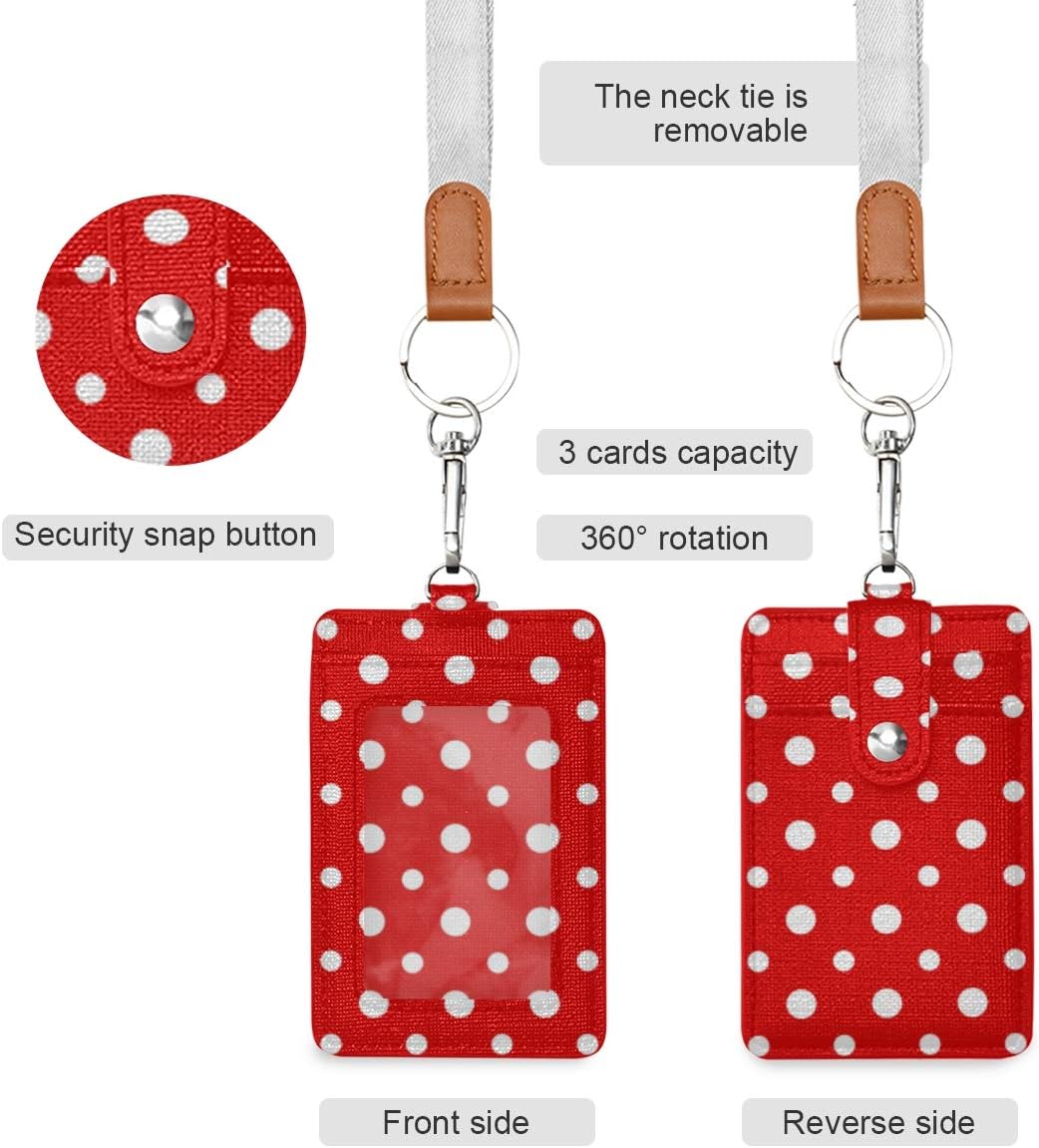 VIKKO Portatarjetas de lunares rojos y blancos, cartera de piel sintética para tarjetas de identificación con cordón para el cuello y llavero