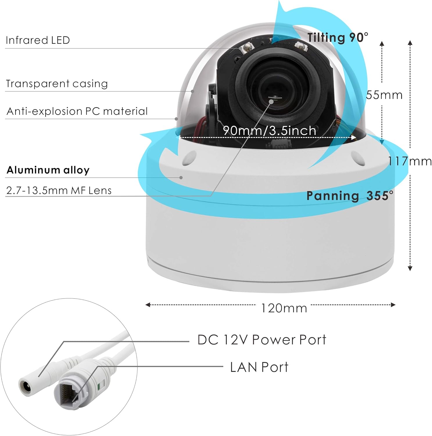 Cámara domo PTZ POE de seguridad H.265 HD 1080P, compatible con Hikvision para interiores y exteriores, lente motorizada de 0.106-0.531 in, zoom 5X,