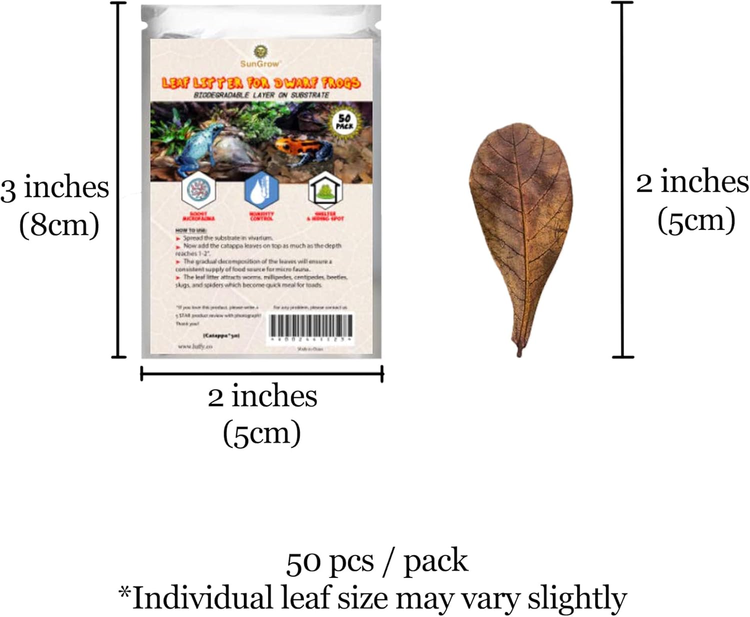 SunGrow Mini hojas de catappa de rana enana (50 unidades)  El tanino ayuda a eliminar el amoníaco, pH más bajo, hojas de almendra india, tratamiento