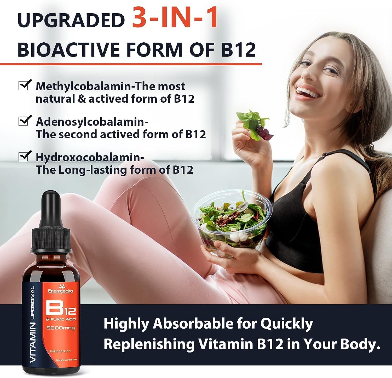 Vitamina B12 liposomal 5000mcg líquido sublingual maximiza la absorción, vegano B12 metilado con ácido fúlvico, metilcobalamina 3 en 1 para energía,