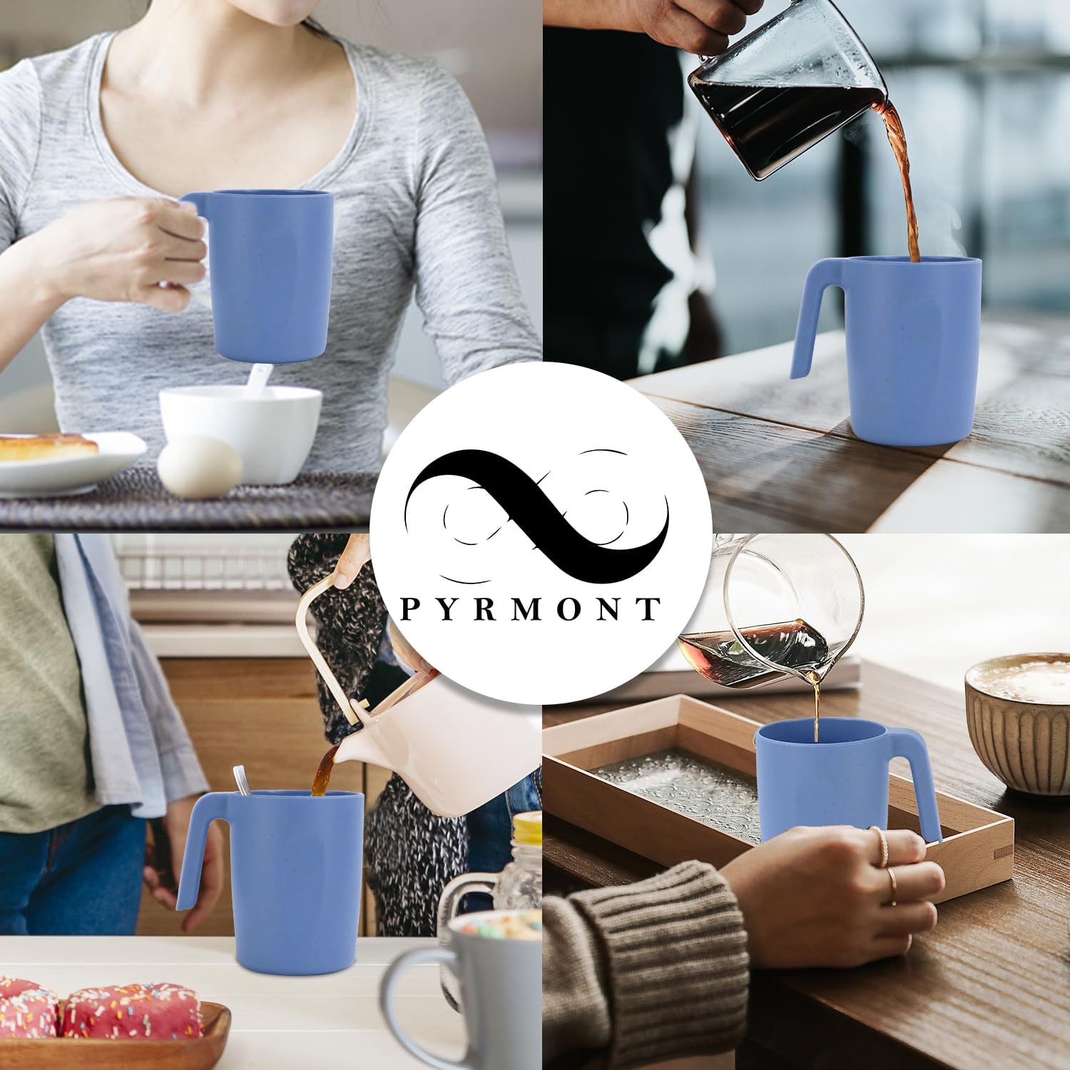 PYRMONT Juego de 6 tazas de paja de trigo, tazas de café de plástico reutilizables, tazas de té con asas, juego de tazas de 16 onzas para café,