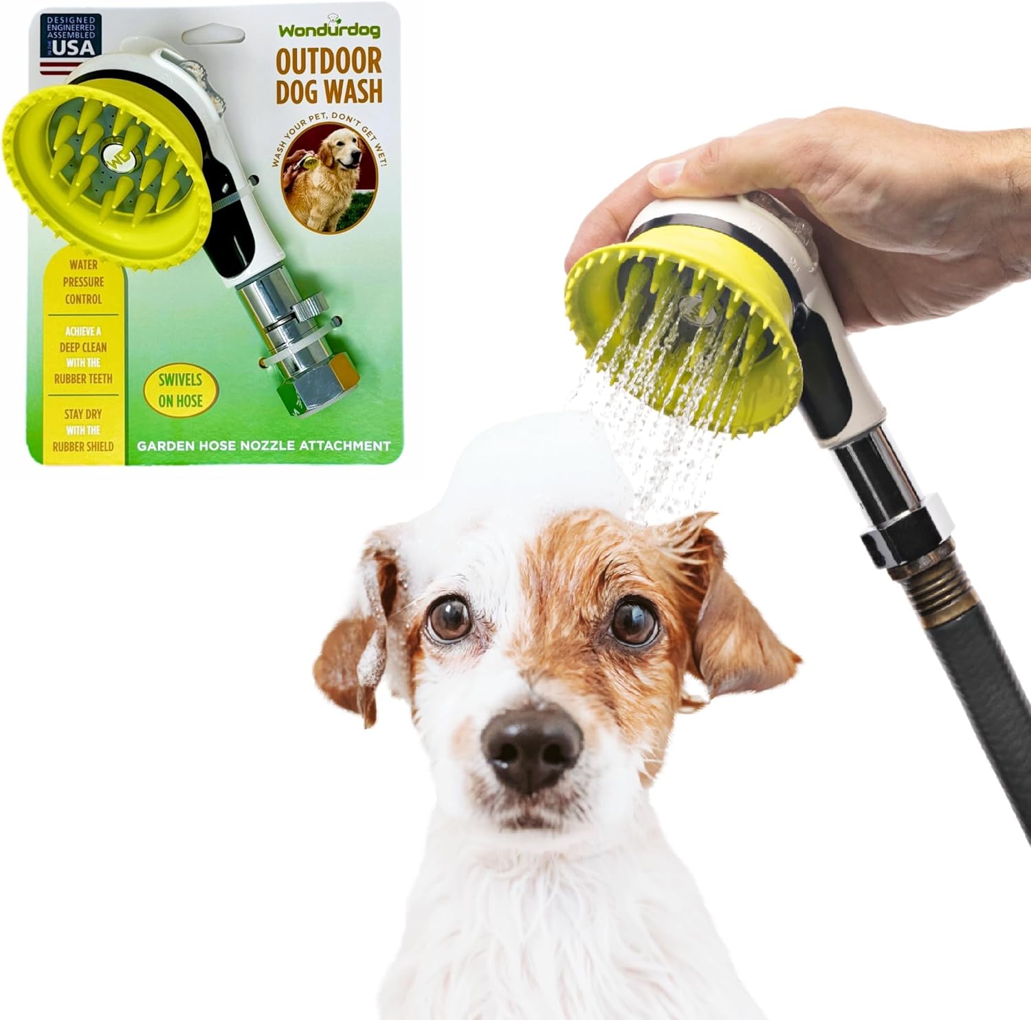 Wondurdog Accesorio de manguera de jardín para lavado de perros y enjuague de patas para exteriores, protector contra salpicaduras y boquilla de