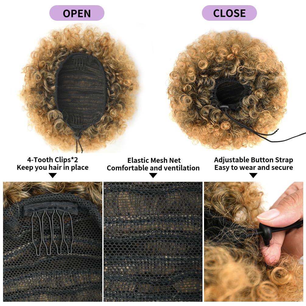 Cola de caballo afro con cordón para mujeres negras, cola de caballo afro rizada corta afro coleta de pelo sintético, color negro a marrón miel,
