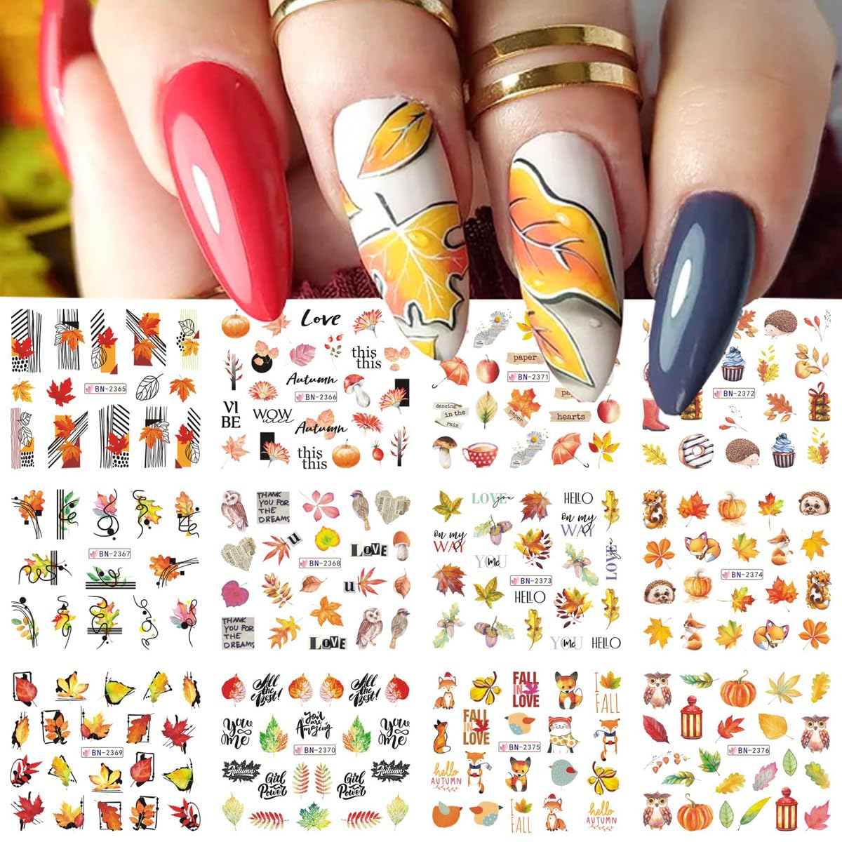 12 calcomanías de otoño para arte de uñas, hojas de arce, calcomanías de agua doradas para otoño, láminas deslizantes para hojas, geometría, búho,