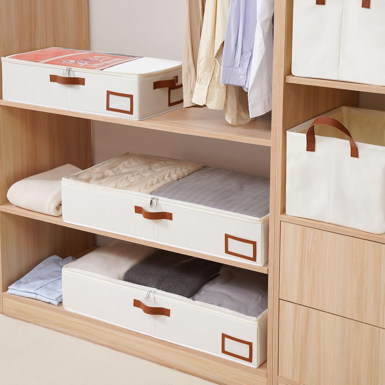 Yawinhe Contenedores de almacenamiento debajo de la cama, paquete de 4 organizadores de ropa debajo de la cama con cremallera resistente, ventana