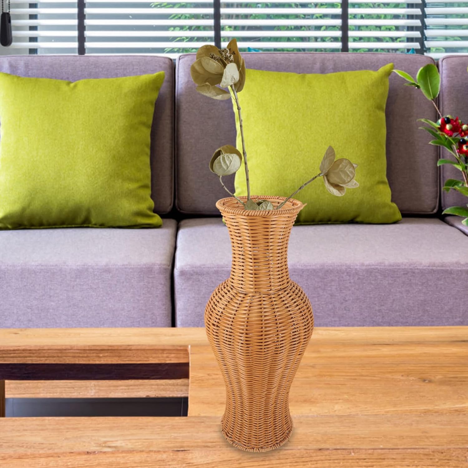 TEHAUX Florero de madera de mimbre, florero de mimbre vintage, jarrón de flores tejidas, jarrón de flores de paja, jarrón rústico de estilo japonés,