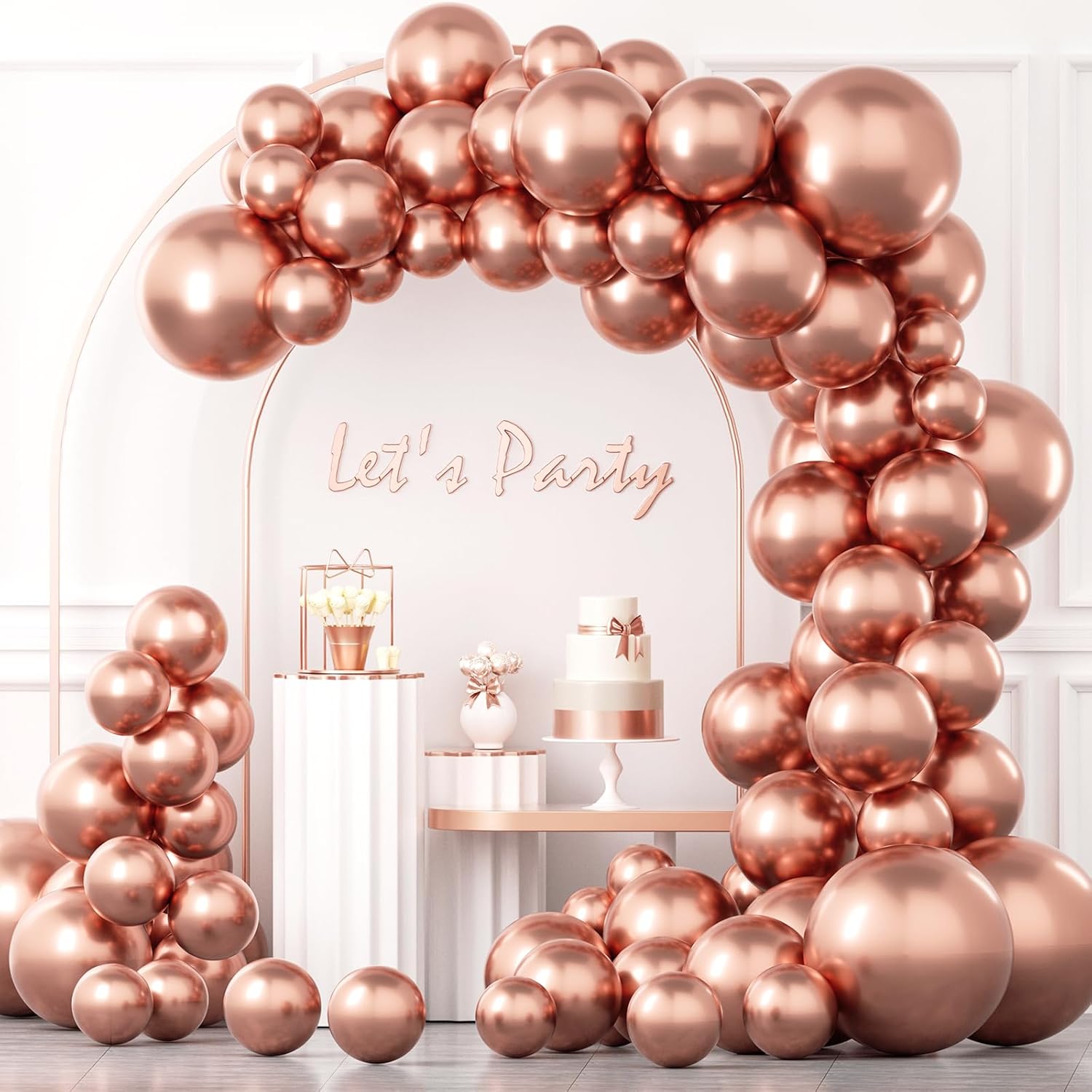 YAOWKY Kit de arco de guirnalda de globos de oro rosa, 100 globos metálicos de látex de oro rosa de 18, 12, 10 y 5 pulgadas, diferentes tamaños para