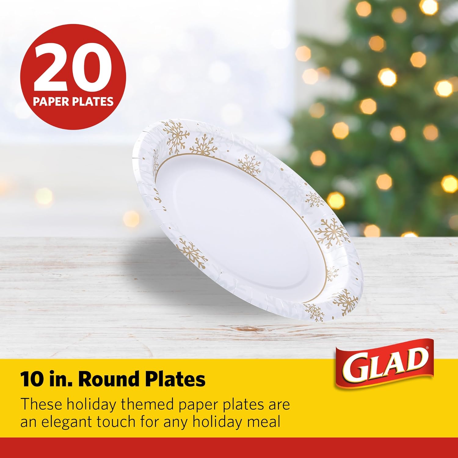Glad Platos desechables Holiday Gold & Silver Snowflake  Resistentes, aptos para microondas para uso diario  10 pulgadas, 20 unidades