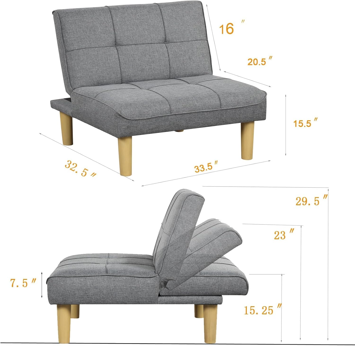 KAIRUITUCH Mini futón sin brazos, respaldo ajustable, sofás pequeños convertibles, sofás esquineros para espacios pequeños, sala de estar,
