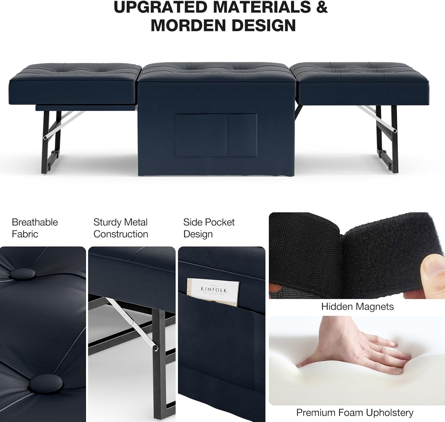 Sofá cama de piel sintética, silla convertible 4 en 1, cama otomana plegable multifunción con respaldo ajustable para sala de estar, apartamento y