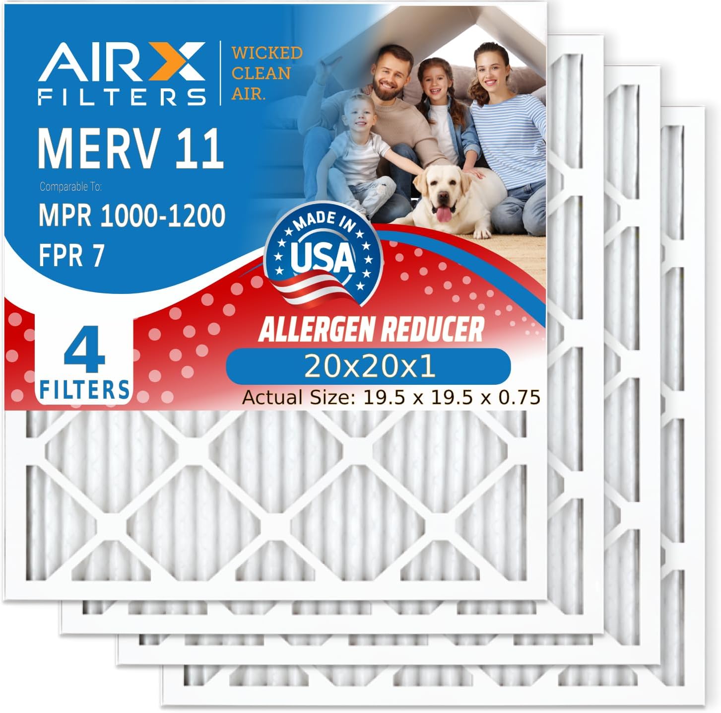 AIRX FILTERS WICKED CLEAN AIR. Filtro de aire acondicionado plisado electrostático MERV 11 de 20 x 20 x 1, paquete de 4 filtros de horno HVAC AC