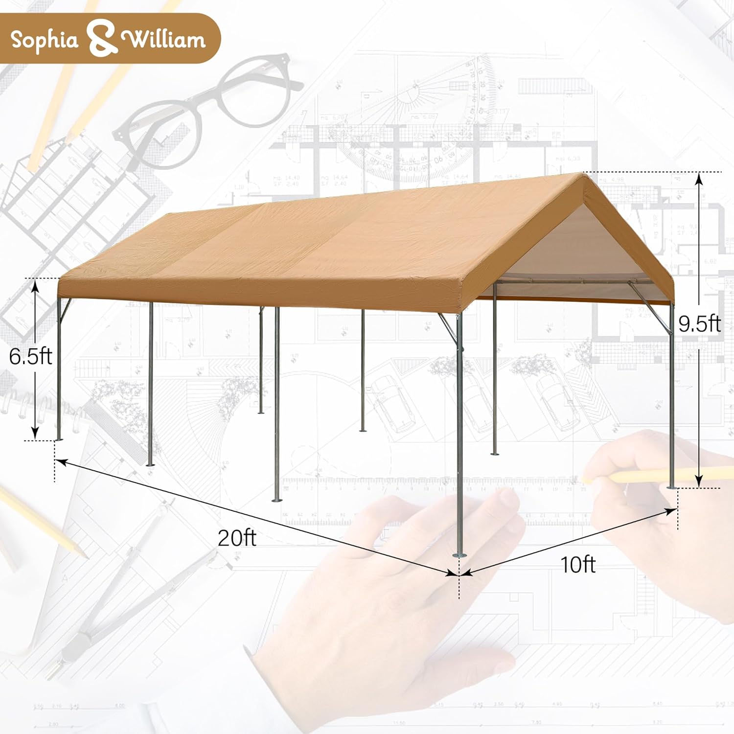 Sophia & William Carport – Tienda de campaña resistente de 10 x 20 pies, refugio de garaje portátil con 4 cables de acero reforzados, marco de acero