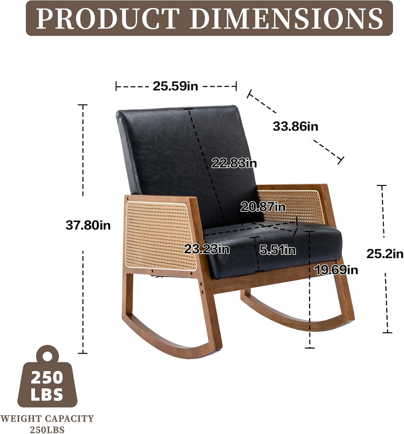Mecedora moderna, mecedora de piel sintética con asiento acolchado, base de madera maciza, cómoda silla con respaldo alto para sala de estar,