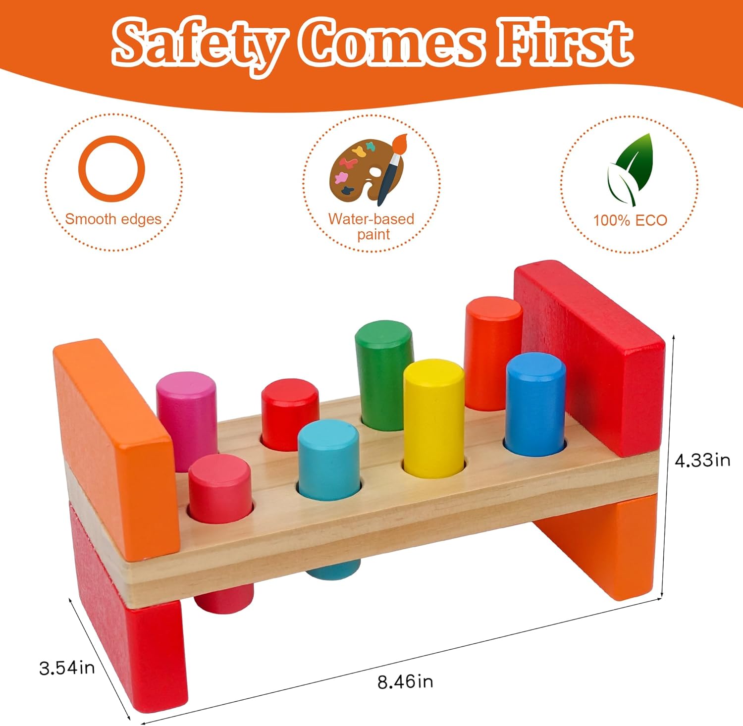 Juguete de martillo de madera para niños pequeños de 1 a 3 años, juguete Montessori con 8 clavijas y mazo para coordinación mano-ojo, juguete para