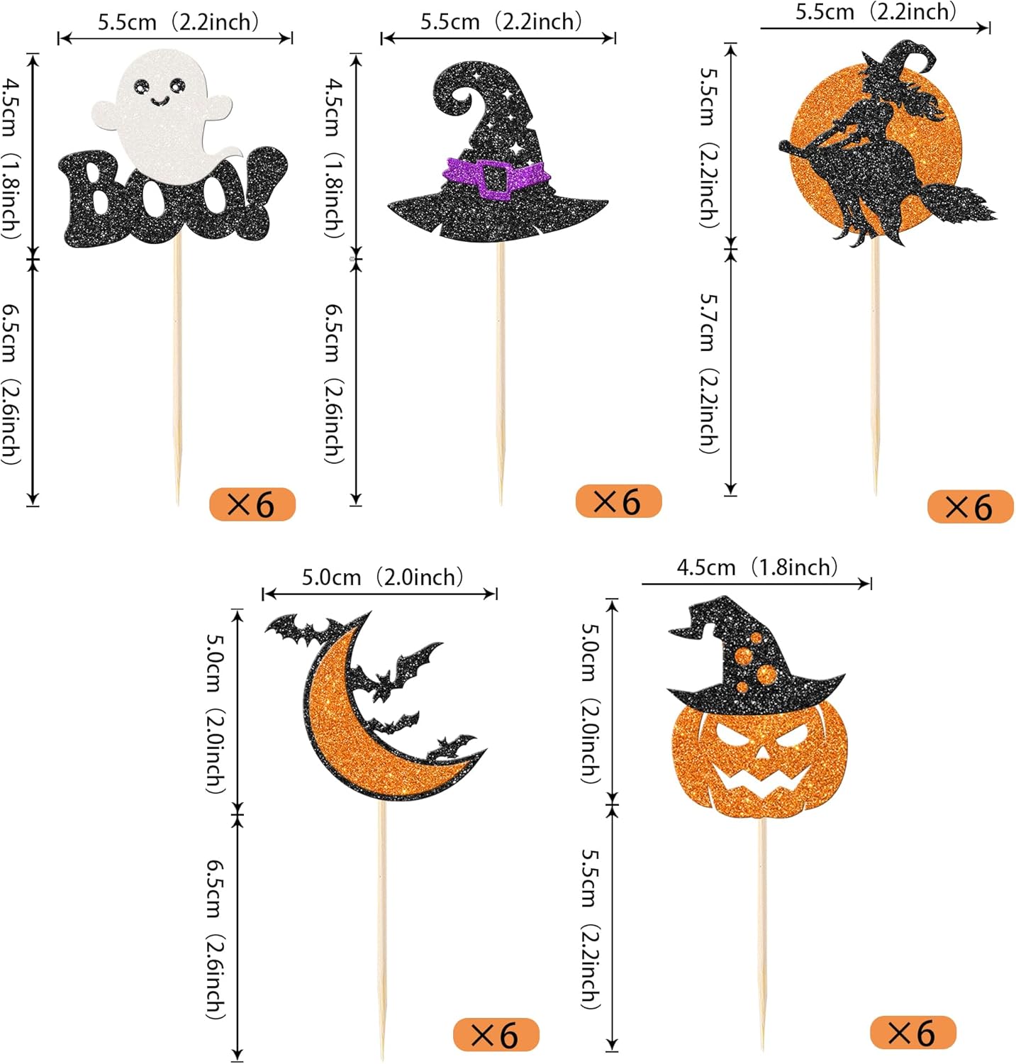 Rsstarxi Paquete de 30 adornos para cupcakes de fantasmas de Halloween con brillantina, murciélago, calabaza, fantasma, bruja, Halloween, cupcakes,