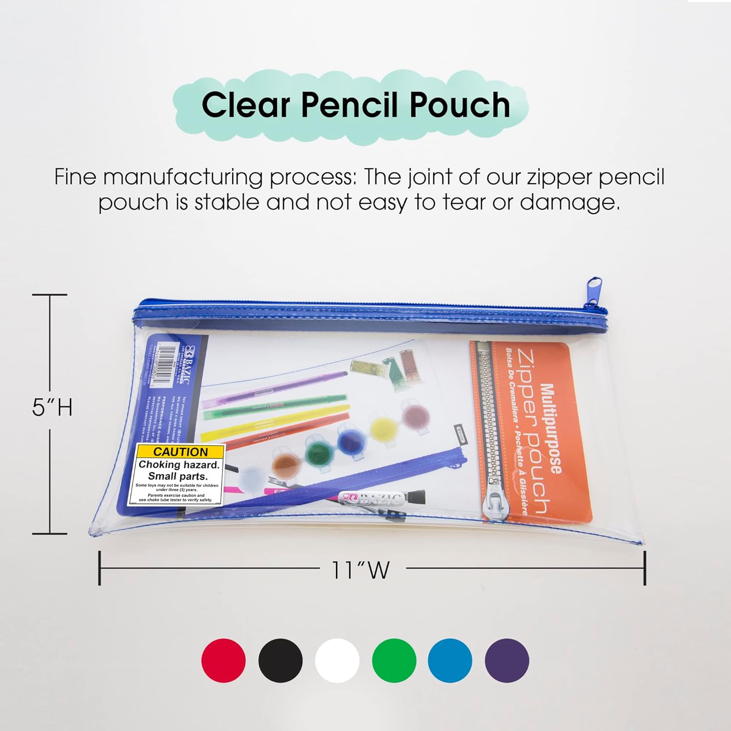 BAZIC – Estuche para lápices de 3 anillos con agujeros de anillos reforzados con remaches, color transparente de 11 x 5 pulgadas, bolsa con