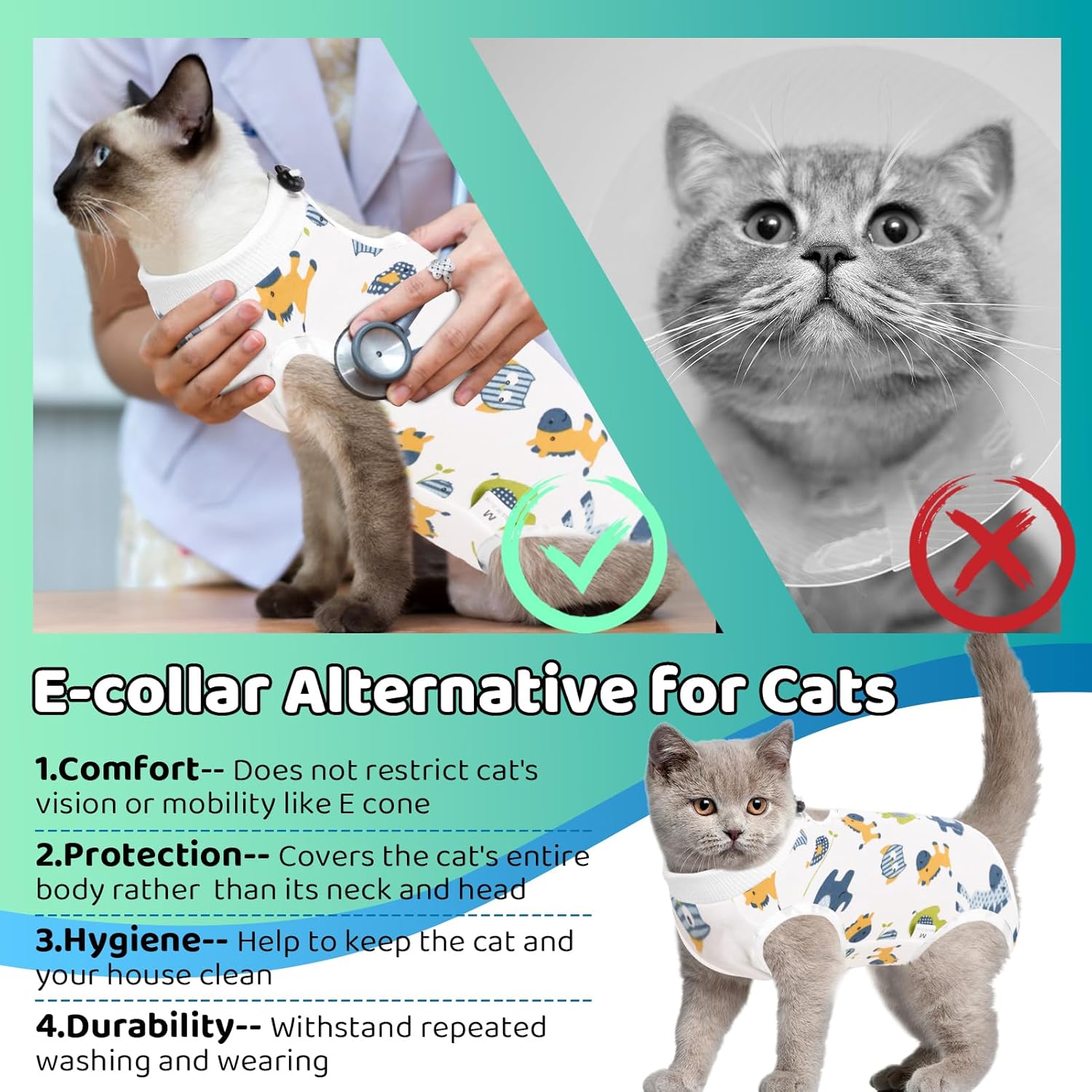 Traje de recuperación para gatos para heridas abdominales, mameluco transpirable para gatos después de la cirugía esterilización, alternativa de