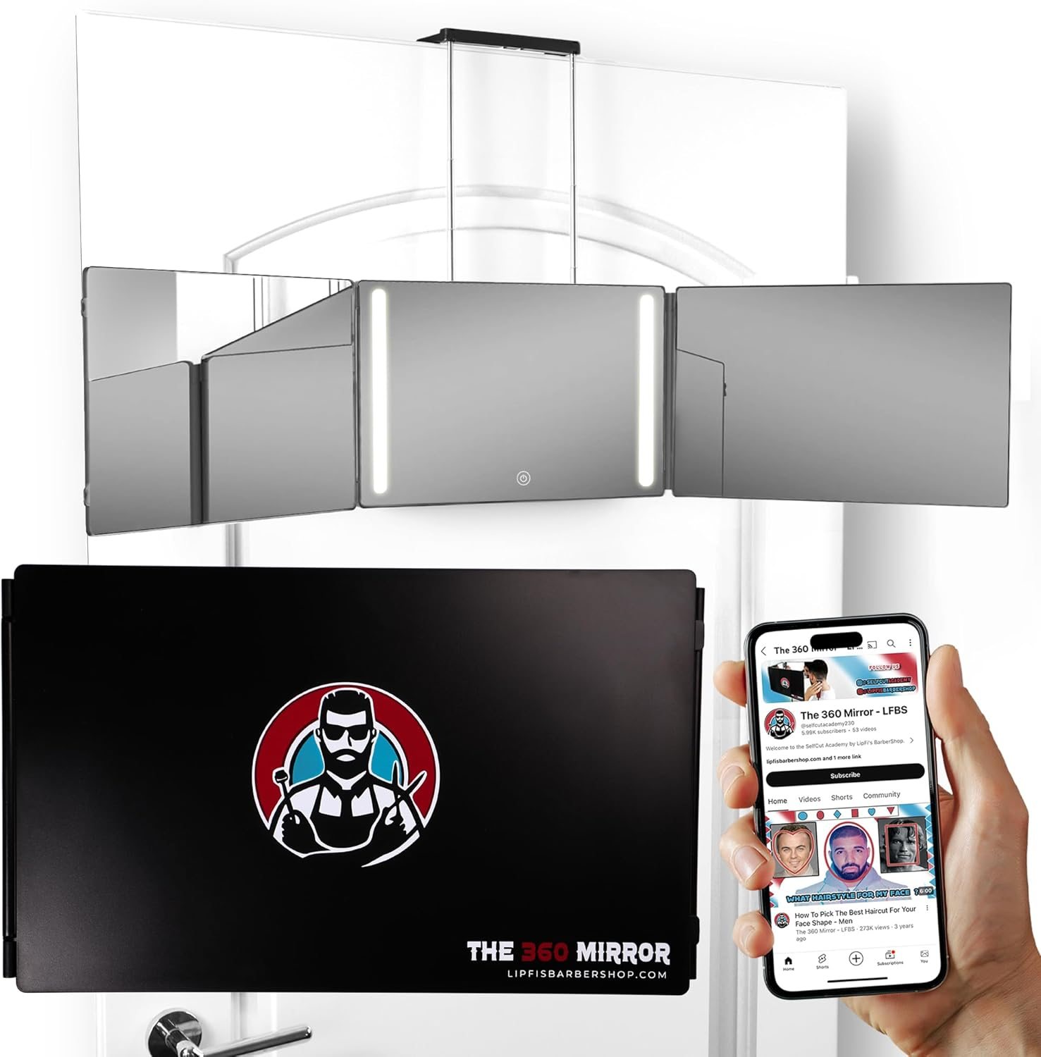 LIPFISBARBERSHOPCOM Espejo de 360 - Espejo de 3 vías para corte de pelo automático con ganchos telescópicos ajustables en altura negro con luces LED - Imagen 11