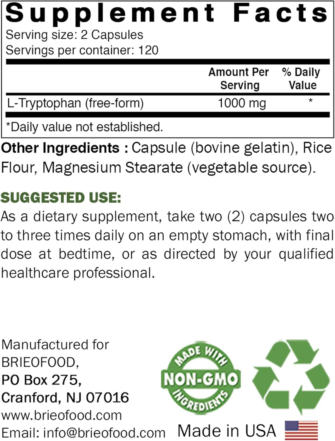 Brieofood L-triptófano 1000 mg por porción – 240 cápsulas – Apoya el estado de ánimo venenoso y la relajación