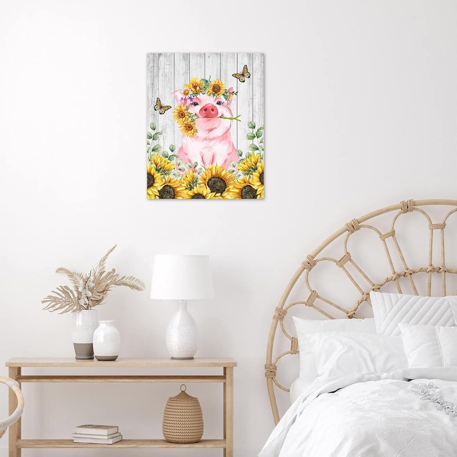 HVEST Arte de pared de girasol de cerdo, lindo cerdo y girasoles con mariposa en tablero rústico, pintura abstracta, lienzo de granja para baño,