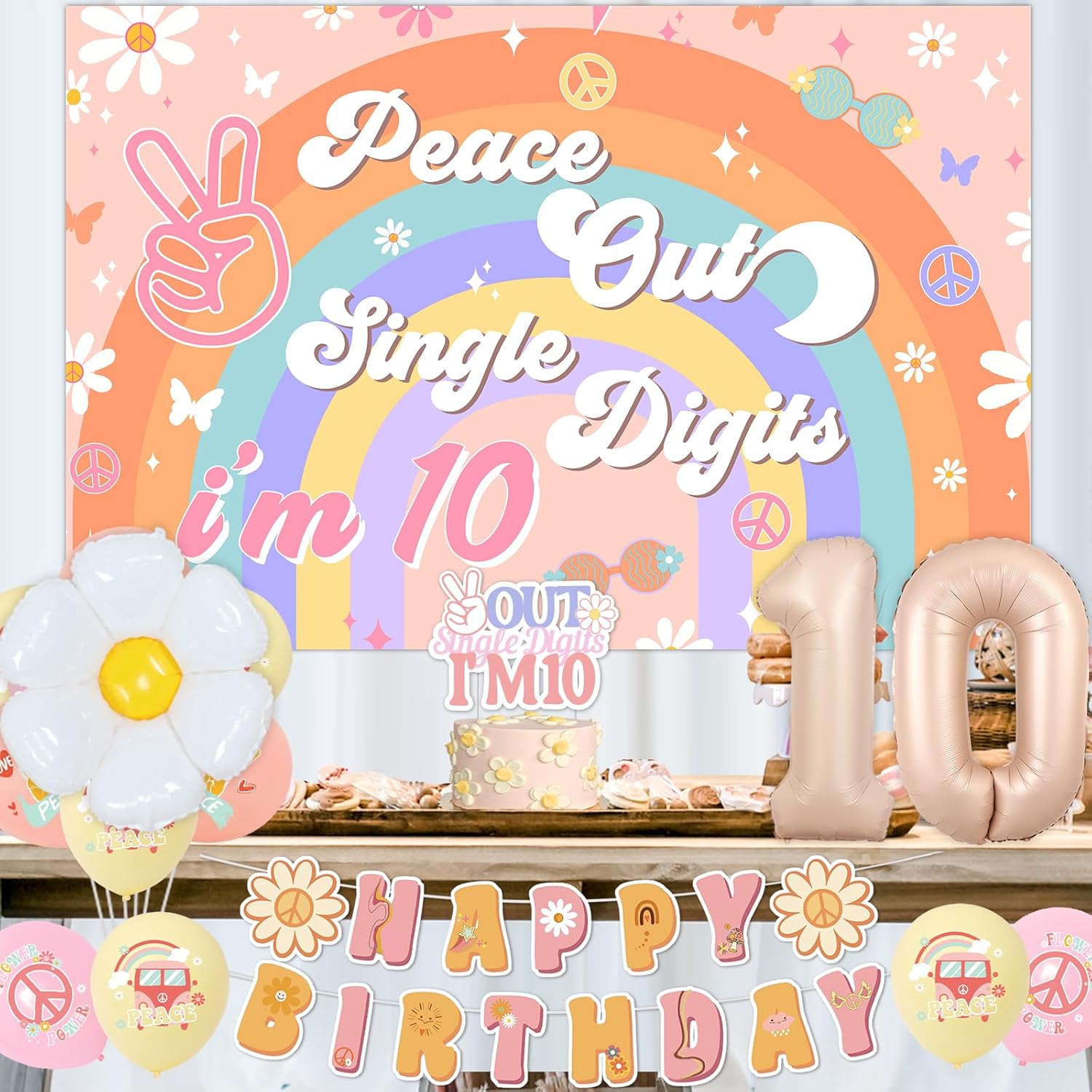 Peace Out – Decoración de fiesta de un solo dígito para niña, Groovy decoraciones de cumpleaños número 10, pancarta bohemia de feliz cumpleaños,