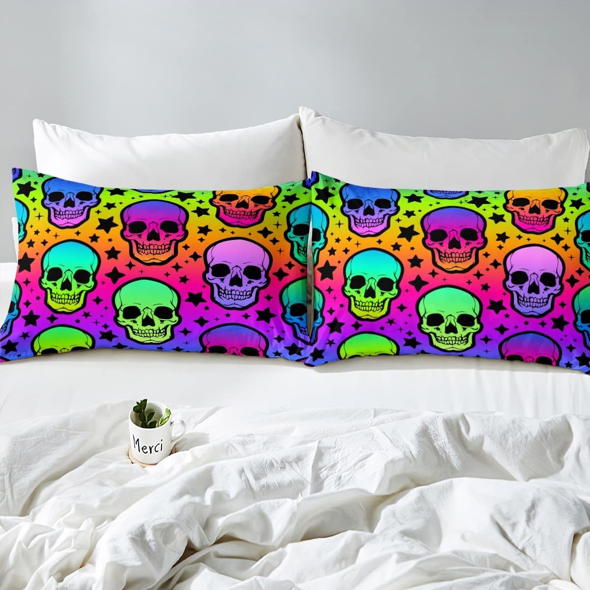 Erosebridal Sábana bajera ajustable de calavera colorida tamaño Queen, diseño de galaxia, diseño de estrellas psicodélicas, juego de cama con diseño