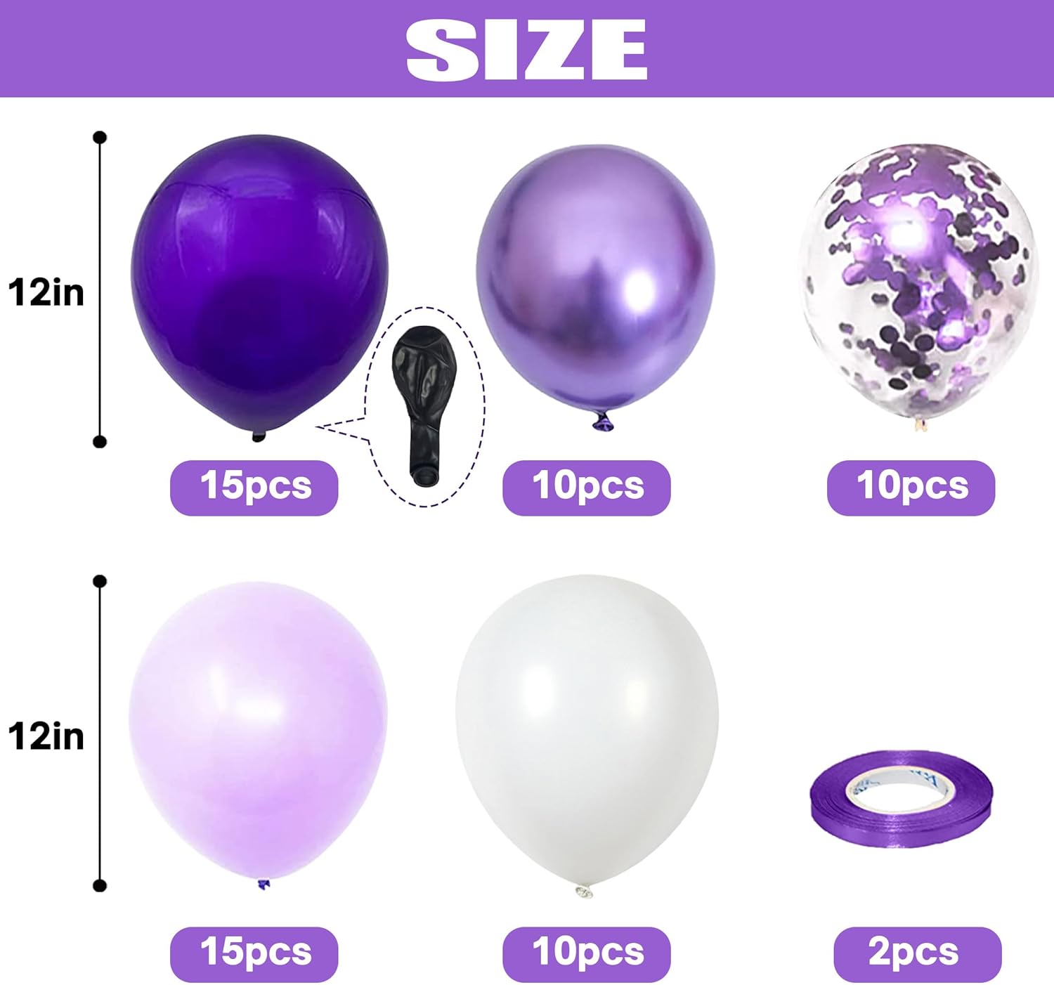 Paquete de 60 globos color morado y blanco de 12 pulgadas, morado oscuro, morado claro, morado metálico cromado y de confeti morado, para