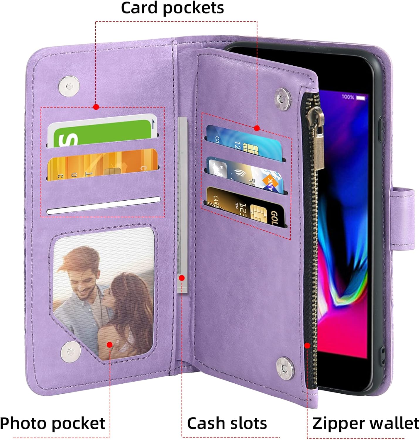 Asuwish Compatible con iPhone 7plus 8plus 78 Plus Funda tipo cartera y protector de pantalla de vidrio templado, funda de cuero con tapa para
