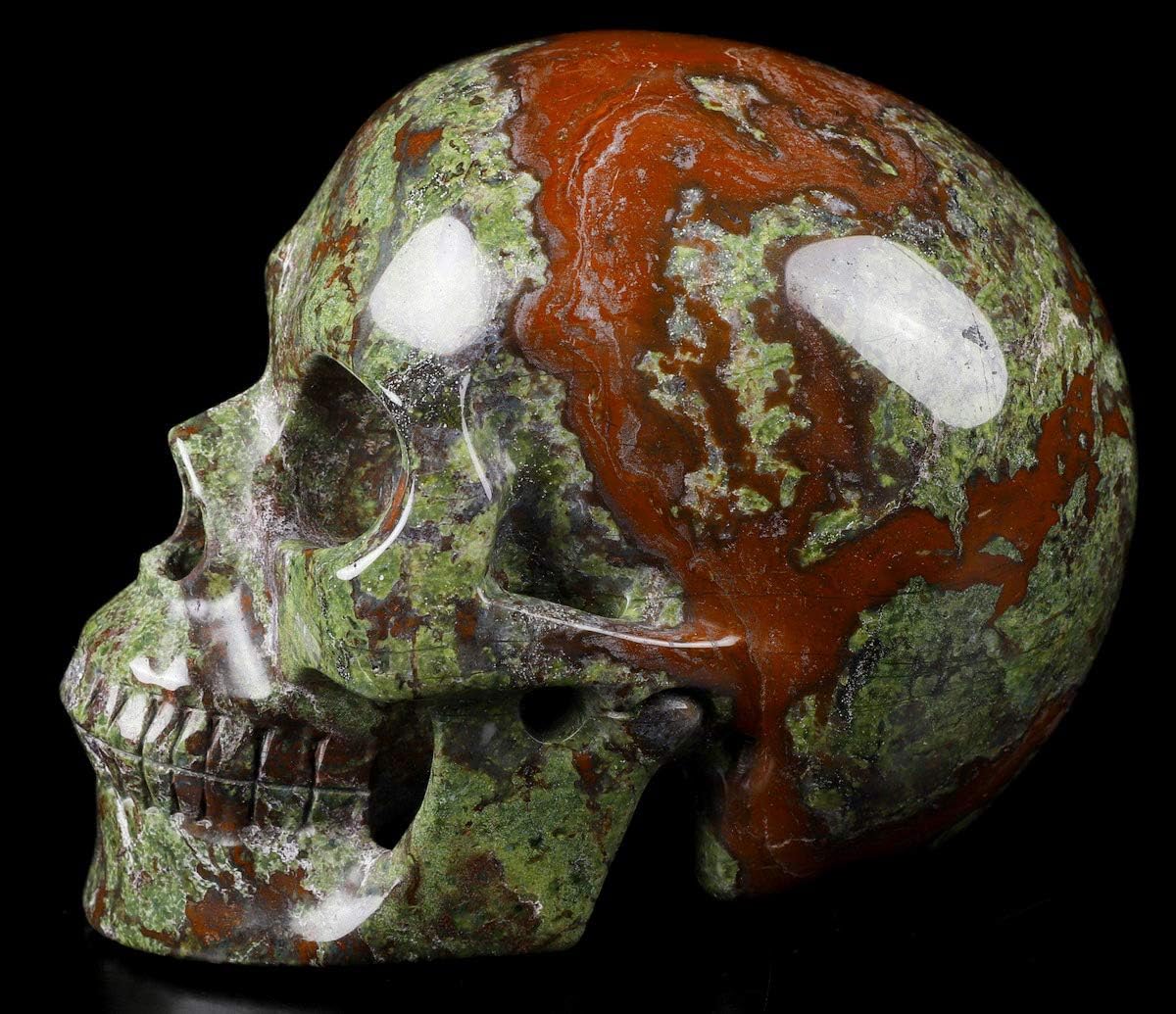 Calavera de cristal de jaspe de sangre de dragón de 5.0 pulgadas, escultura de arte fino de piedras preciosas talladas a mano, estatua de piedra