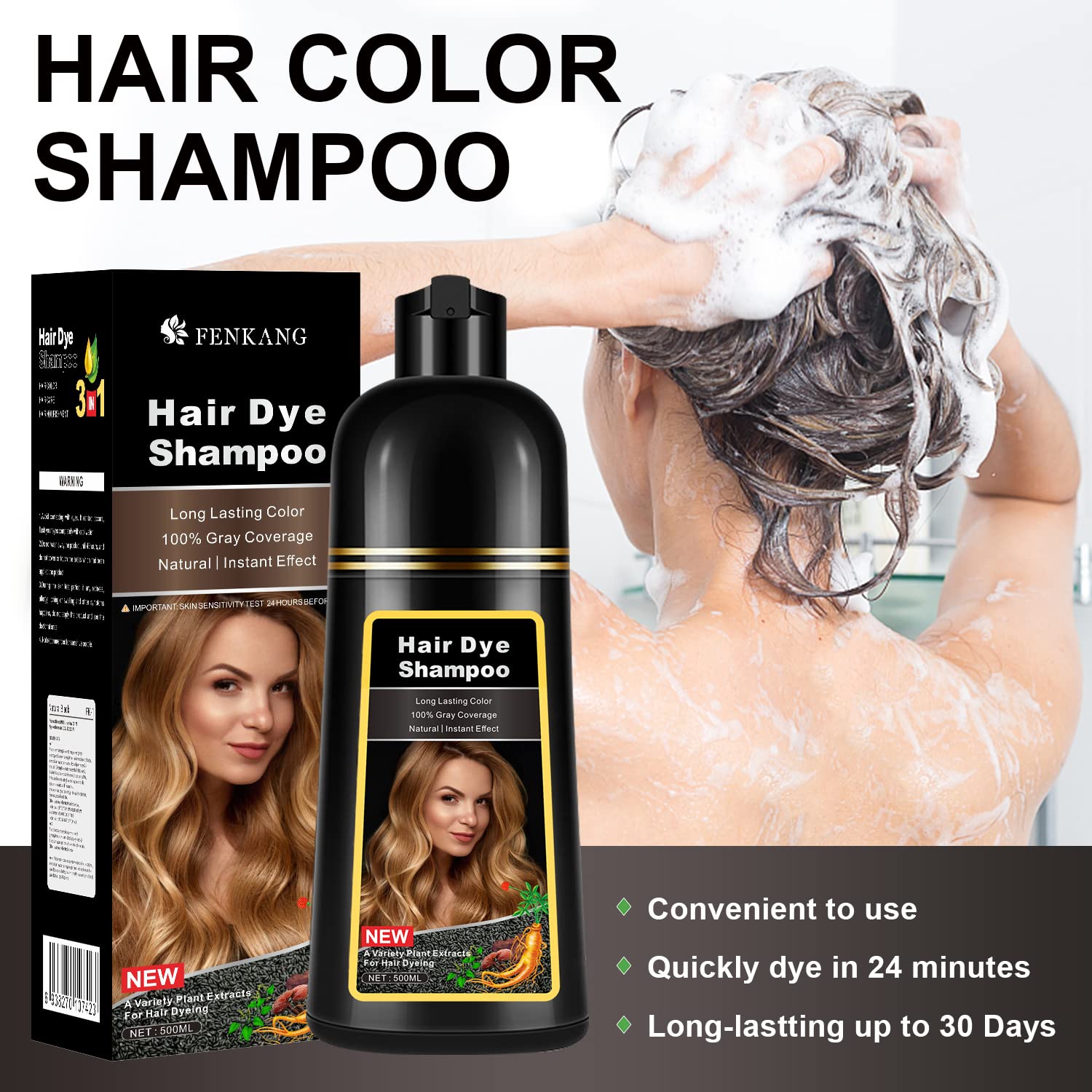 Champú instantáneo de tinte para cabello castaño para cabello gris 3 en 1, champú de cabello castaño natural para mujeres y hombres, colores negros,