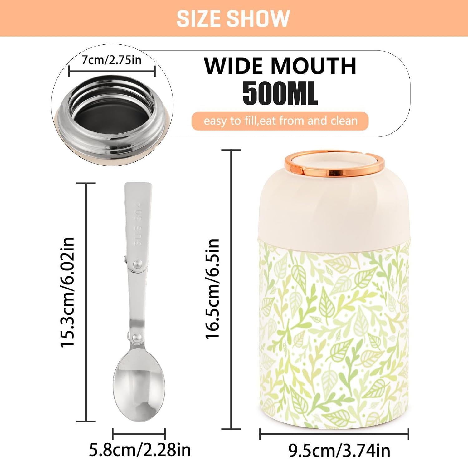 Green Plant Leaf Kids Womens Insulated Food Jar Container with Spoon 17oz500ml Food Containers For Hot Stainless Steel Vacuum Leakproof Insulated