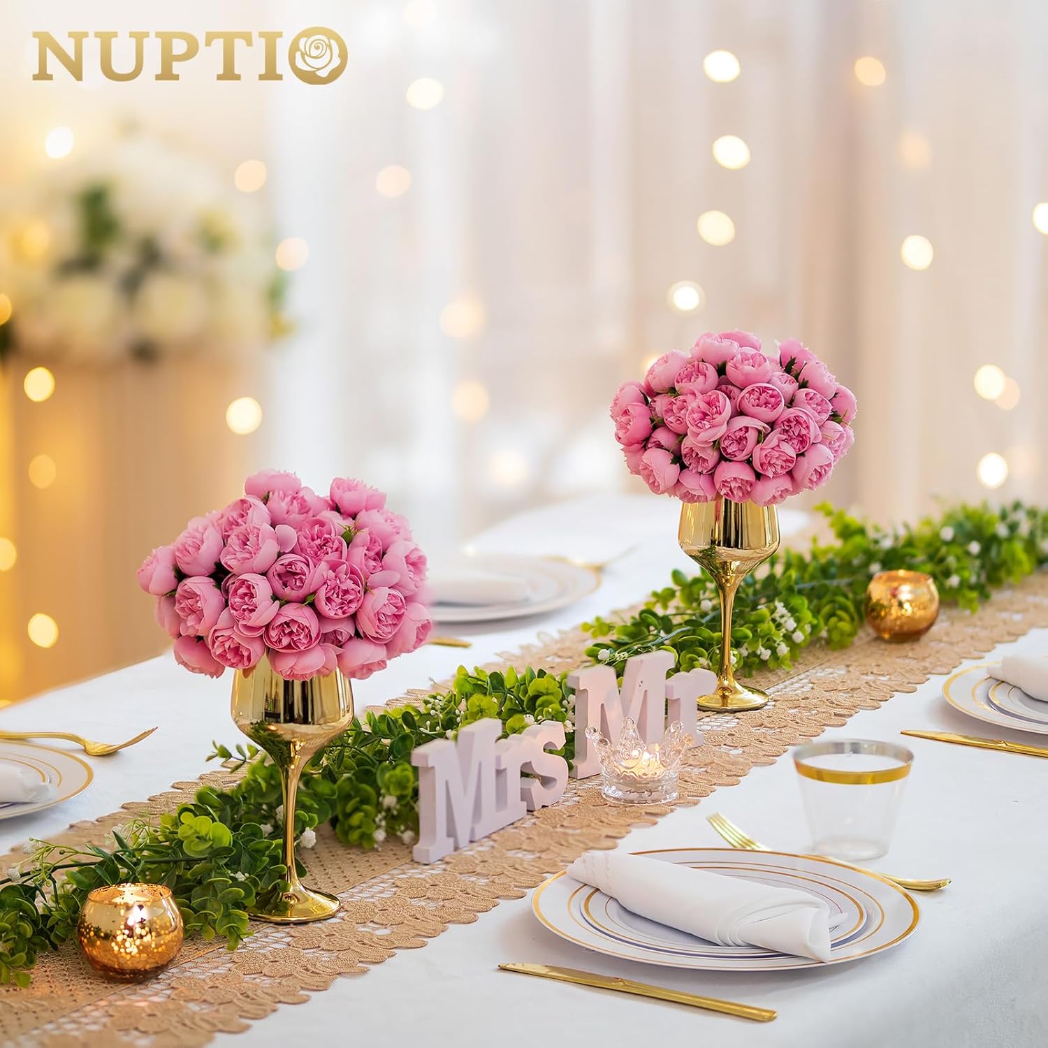NUPTIO Jarrones pequeños de vidrio con flores 2 juegos de jarrones dorados de 8.3 pulgadas con flores artificiales de color rojo rosa para centros