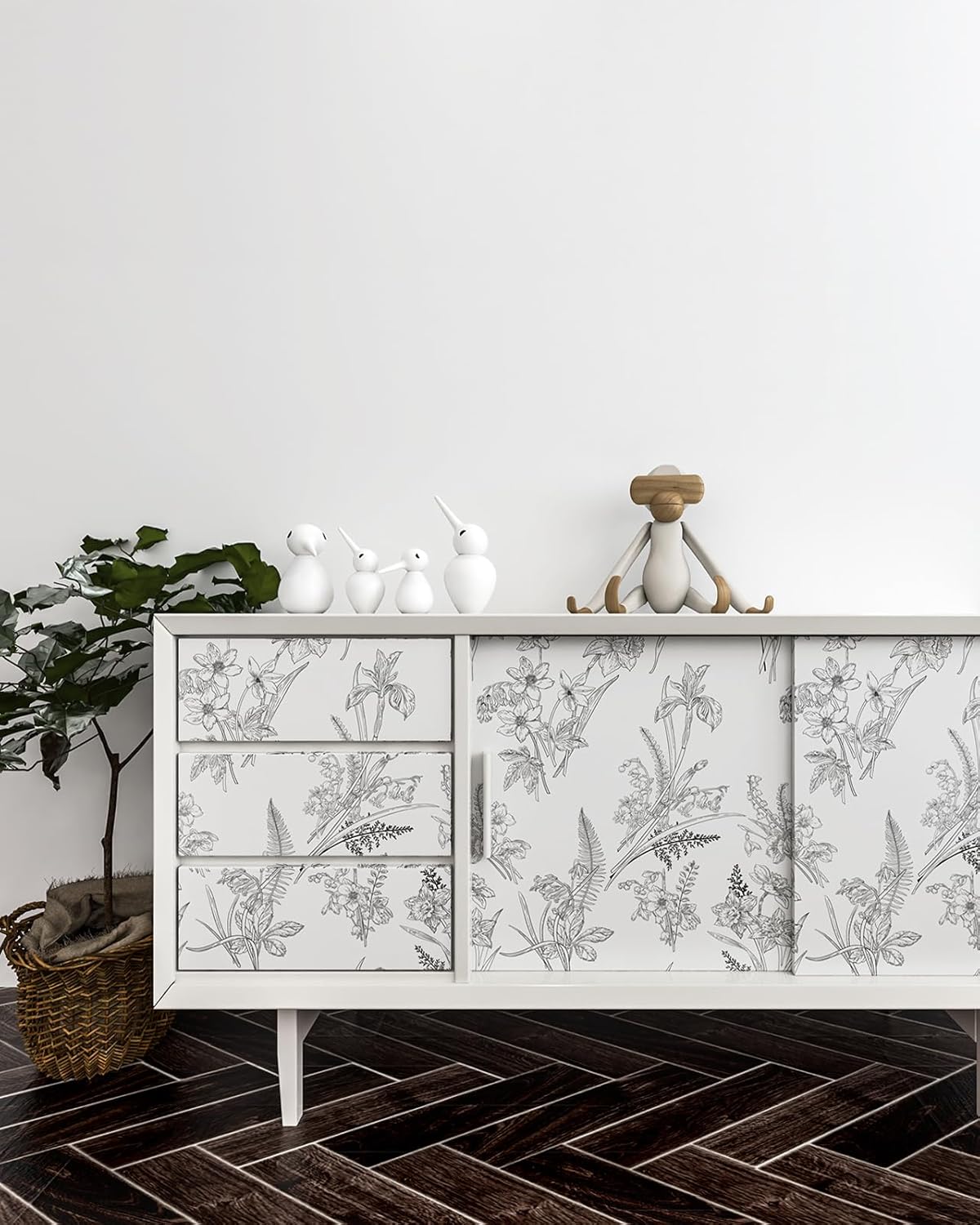 Papel tapiz floral en blanco y negro, papel de contacto floral para gabinetes, autoadhesivo, extraíble, para dormitorio, decoración moderna de pared
