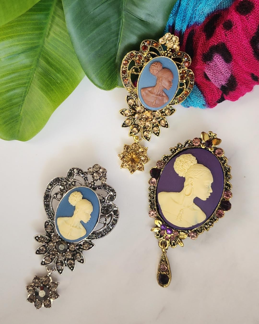 Deborah’s Elegance – Rhinestone Black Lady Cameo Brooch by Brownskin Things – FREE SHIPPING – Handmade – Vintage Style – Blue and Brown