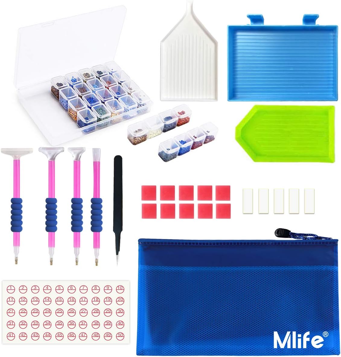 Mlife Kit de herramientas de arte de diamante 5D, 31 piezas de accesorios de arte de diamantes con 28 ranuras, caja de bordado de diamante para