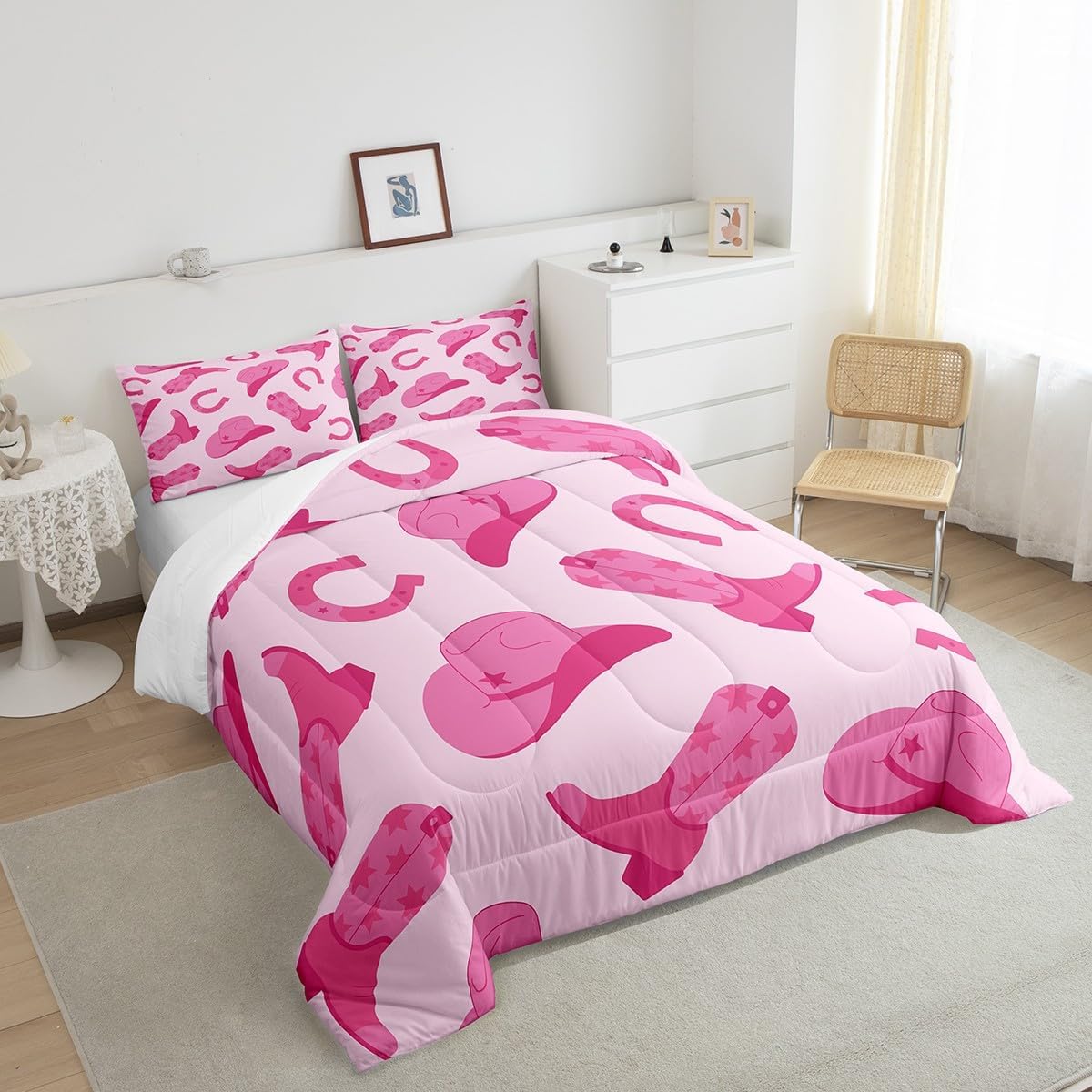 Erosebridal Juego de ropa de cama de vaquera, lindo juego de edredón de vaquera rosa kawaii, regalo para niñas y mujeres, sombrero de vaquero, botas